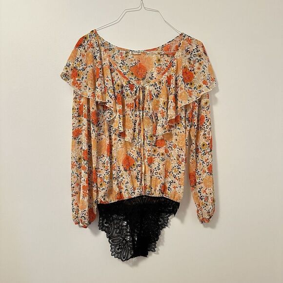 Intimately Free People Say It To Me Floral Long Sleeve Boho Bodysuit Ruffled S - Picture 1 of 8